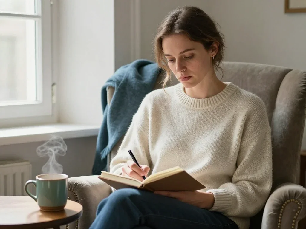 Une lectrice européenne prend des notes près d'une fenêtre, illustrant une approche simple du quotidien.